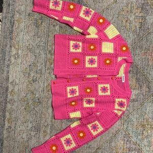 Pink and Yellow Pink Ripple Knit Button Up Sweater